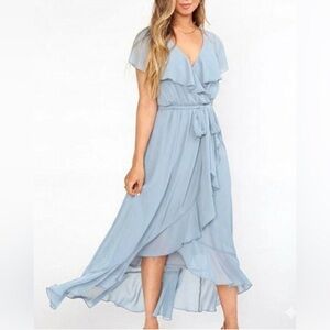 Show Me Your Mumu Jess Ruffle Midi Dress Dusty Blue Small